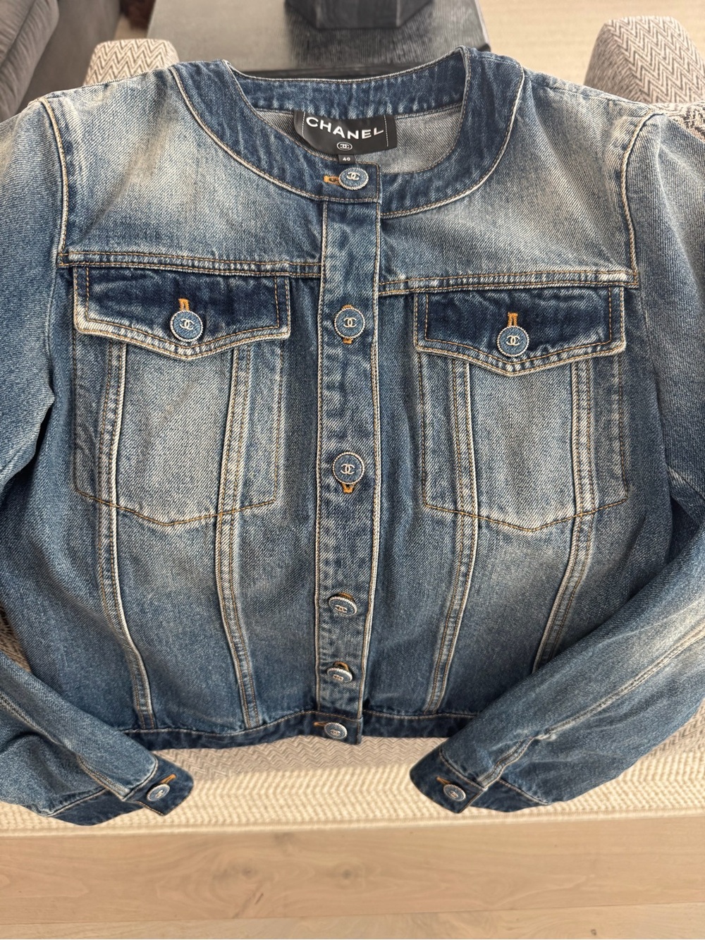 CHANEL Distressed Denim Button Jacket Spring 2025 Collection with Dustbag/Hanger